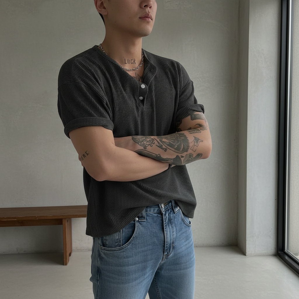 Henry Collar Waffle Knit Short Sleeve T Shirt For Men