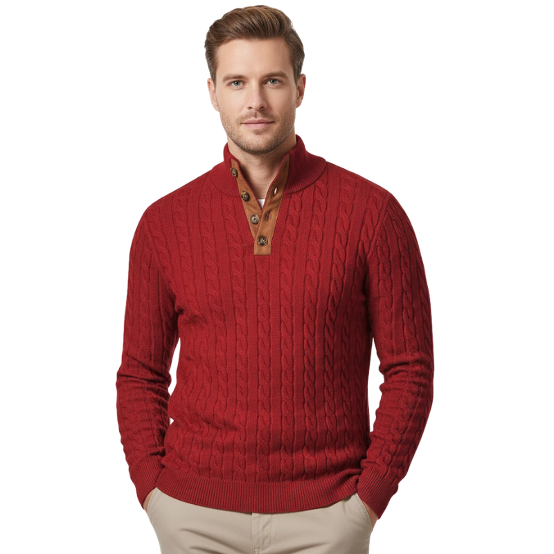 Cable Knit Stand Collar Button Pullover