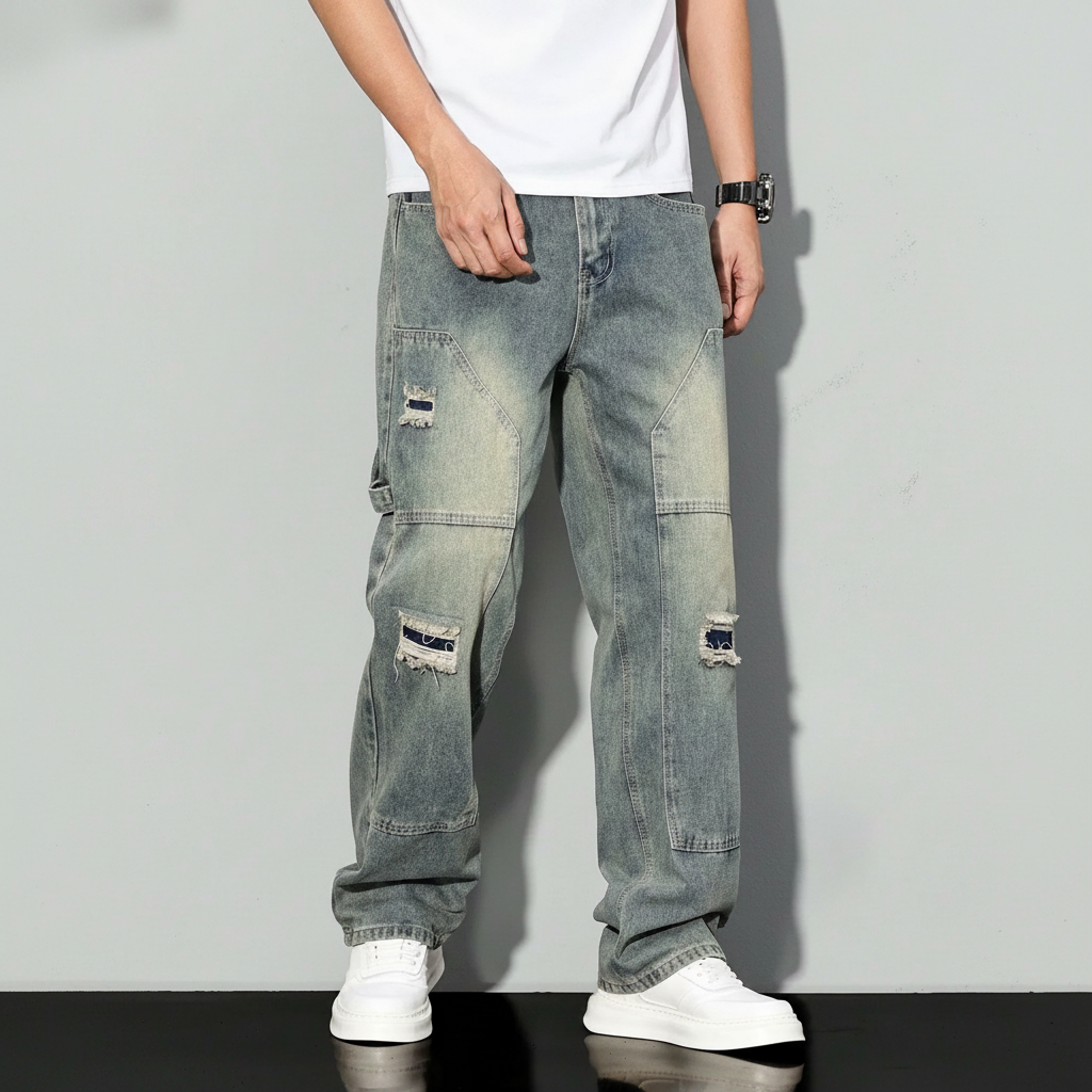Simple Ripped Pocket Jeans Regular Fit Mid Rise For Men