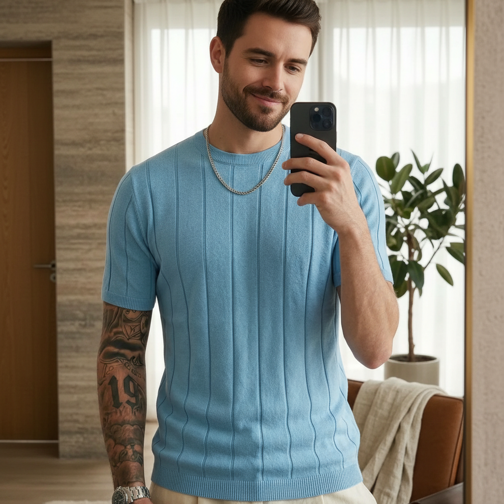 Ribbed Crew Design Short Sleeve Knit Pullover For Men