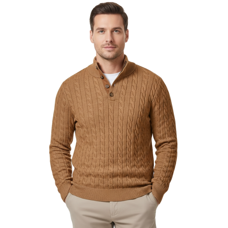 Cable Knit Stand Collar Button Pullover