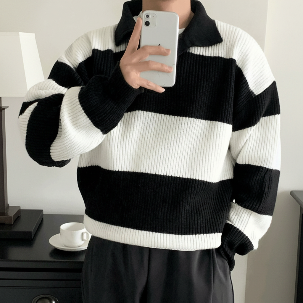Plus Size American Street Style Striped Pullover Knit Sweater For Men