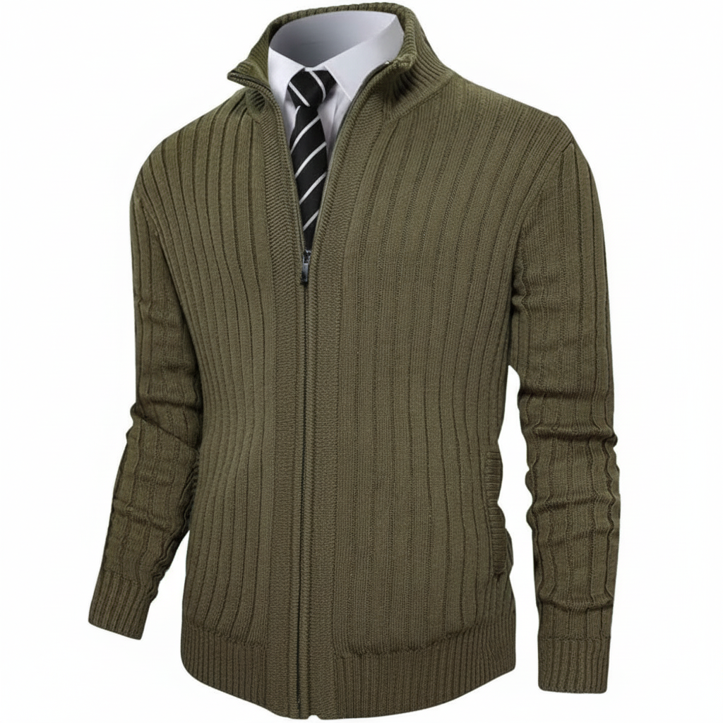 Full Zip Knit Cardigan Sweater With Stand Collar And Pockets