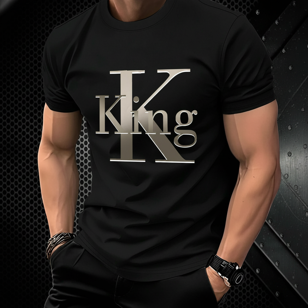 Crown Lion Print Round Short Sleeve T Shirt