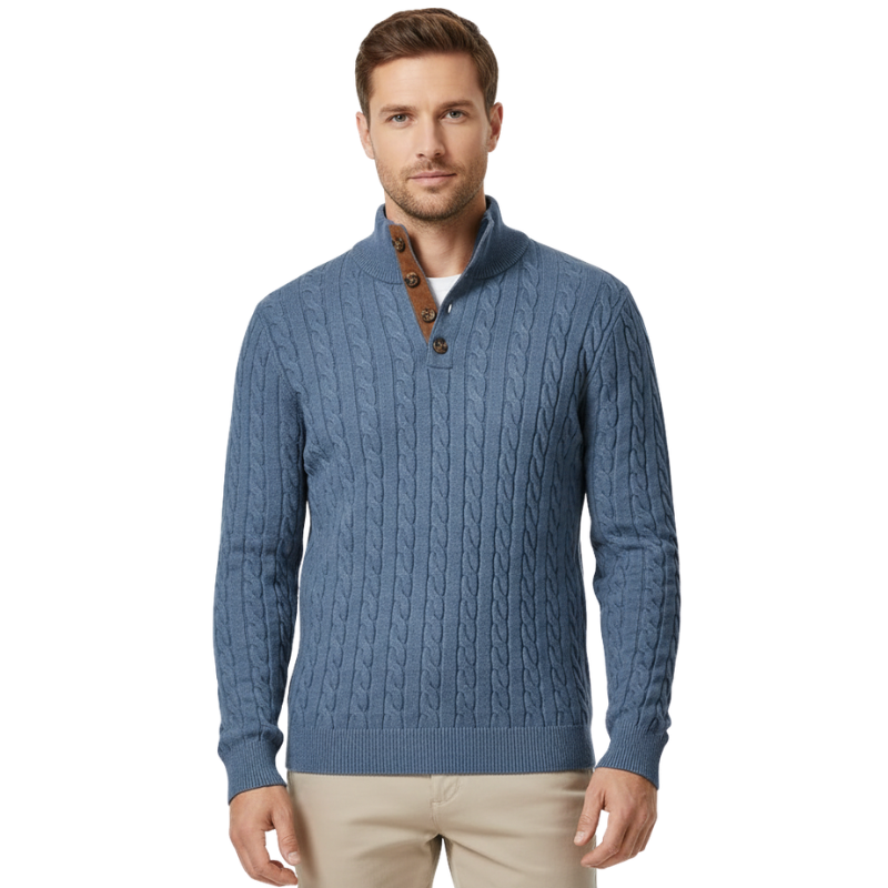 Cable Knit Stand Collar Button Pullover