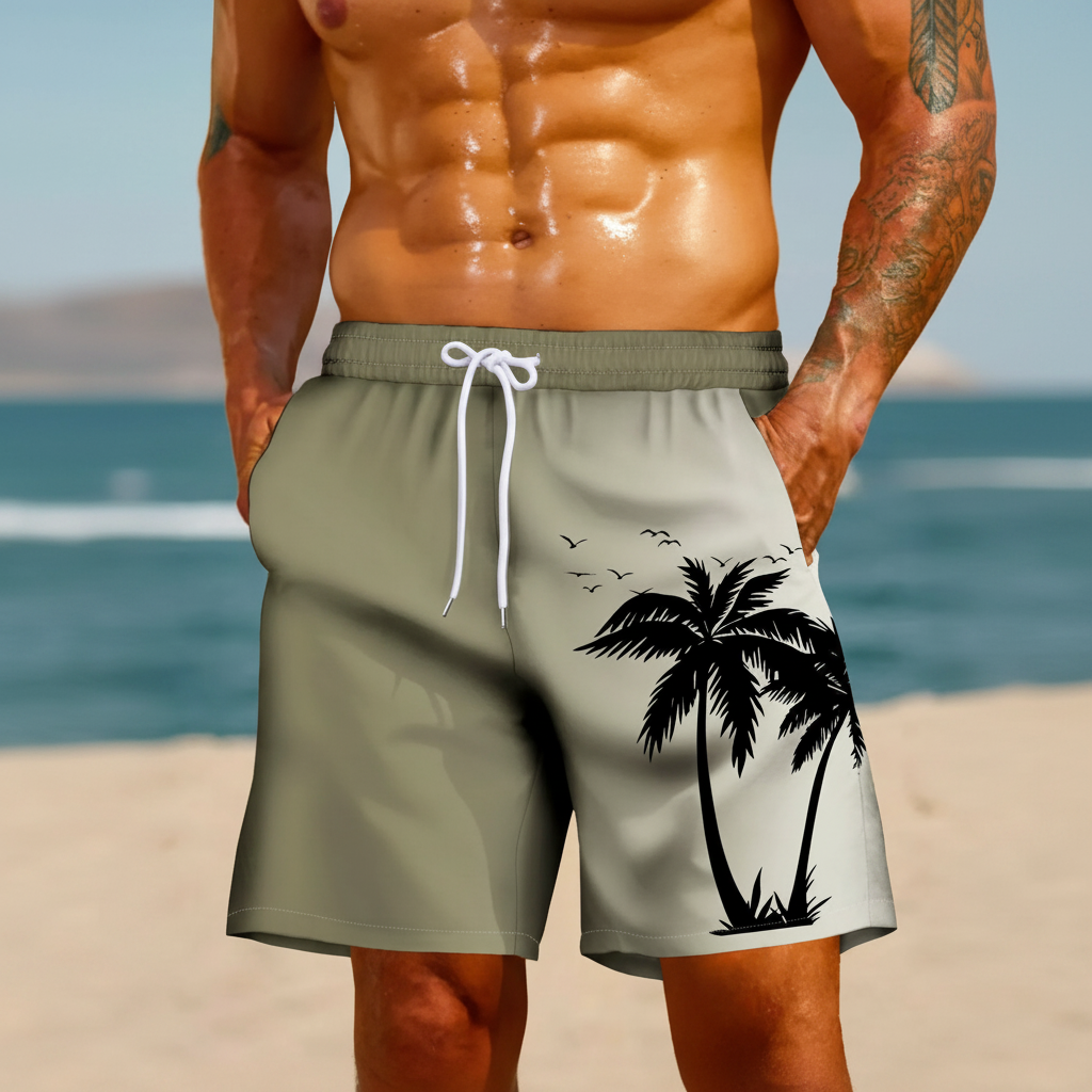Coconut Tree Ombre Print Drawstring Swim Trunks For Men
