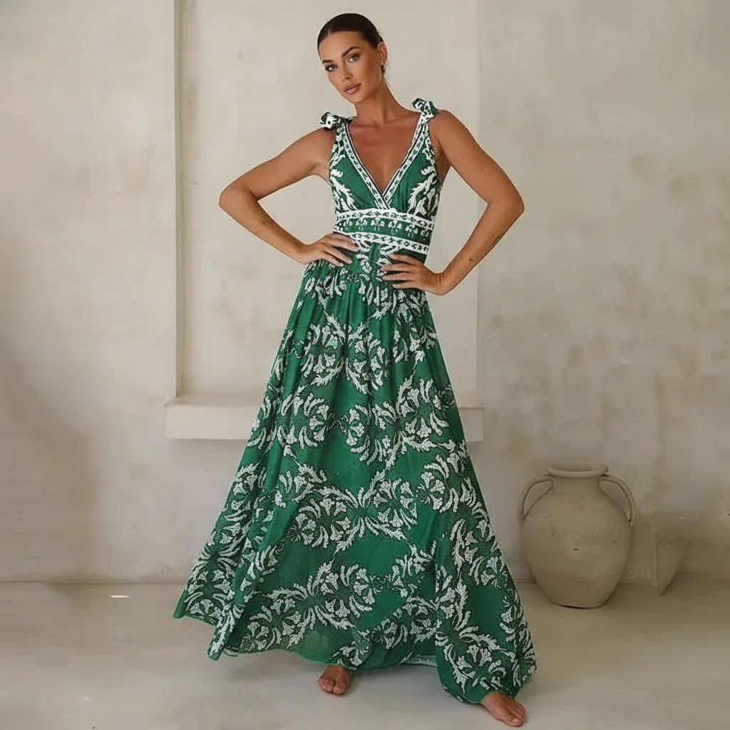 Women's v-neck Green Print One Piece Swimsuit and Matching Cover Skirt Set