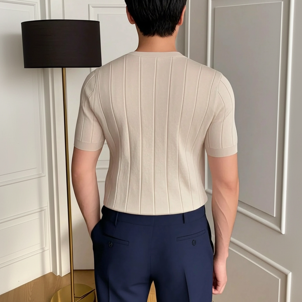 Ribbed Crew Design Short Sleeve Knit Pullover For Men