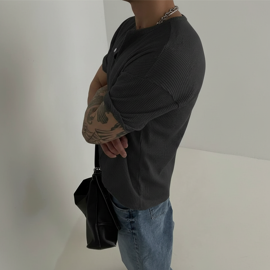 Henry Collar Waffle Knit Short Sleeve T Shirt For Men