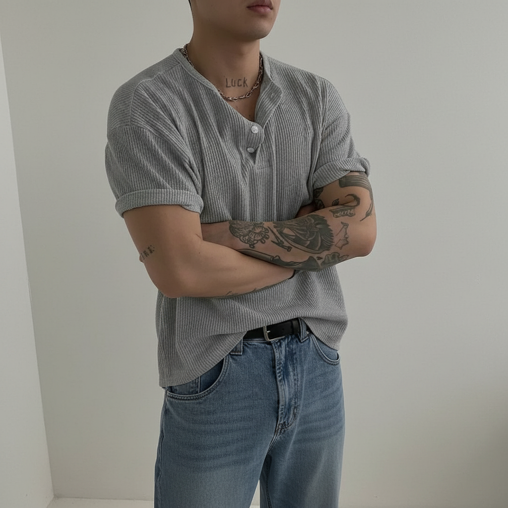 Henry Collar Waffle Knit Short Sleeve T Shirt For Men