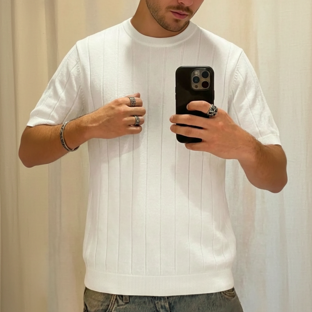 Ribbed Crew Design Short Sleeve Knit Pullover For Men