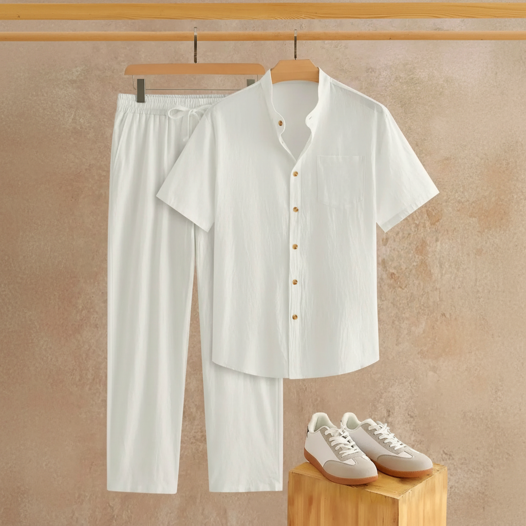 Solid Button Half Placket Short Sleeve Linen Shirt And Pants Set For Men