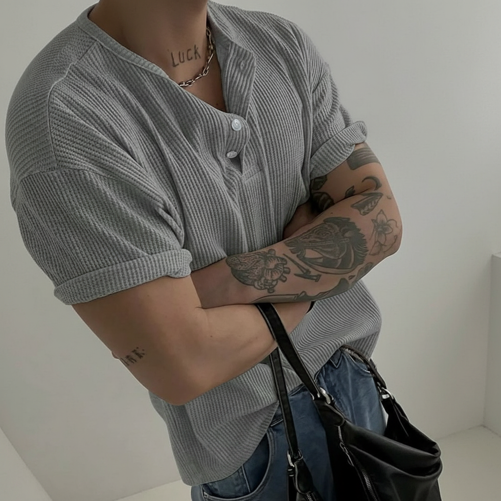 Henry Collar Waffle Knit Short Sleeve T Shirt For Men