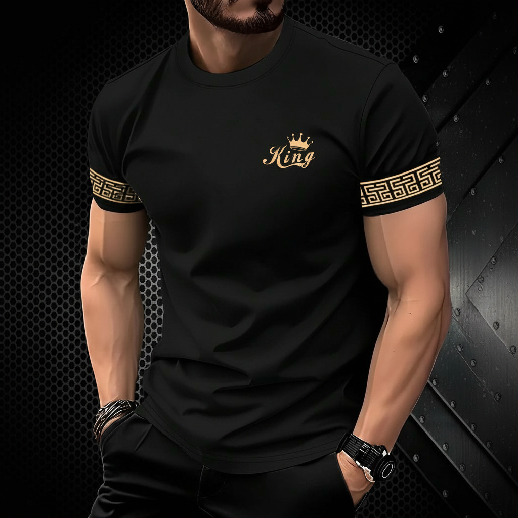 Crown Lion Print Round Short Sleeve T Shirt