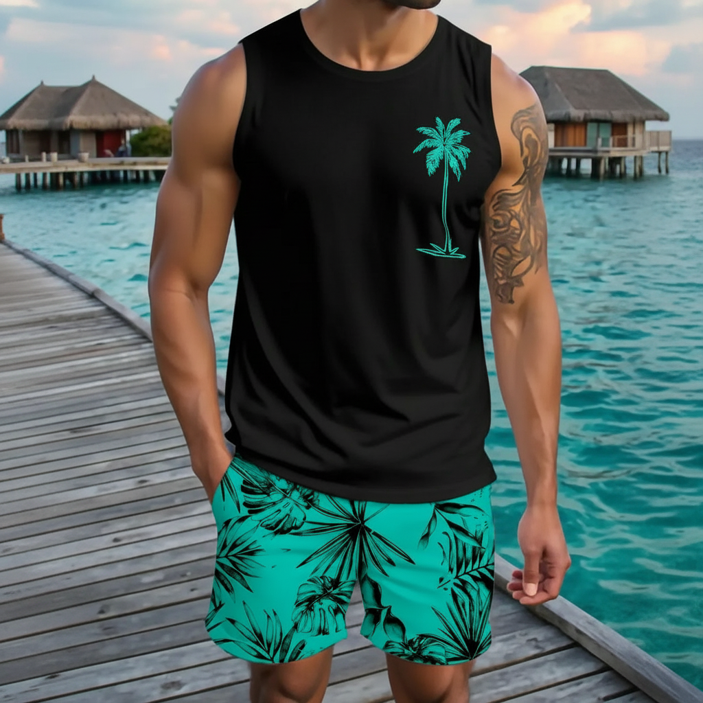 Tree Printed Tank Top And Shorts Set For Men