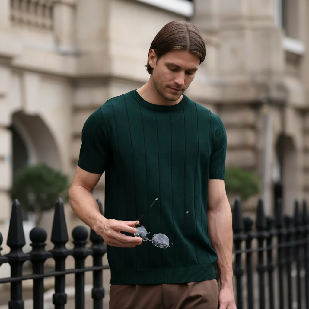 Ribbed Crew Design Short Sleeve Knit Pullover For Men