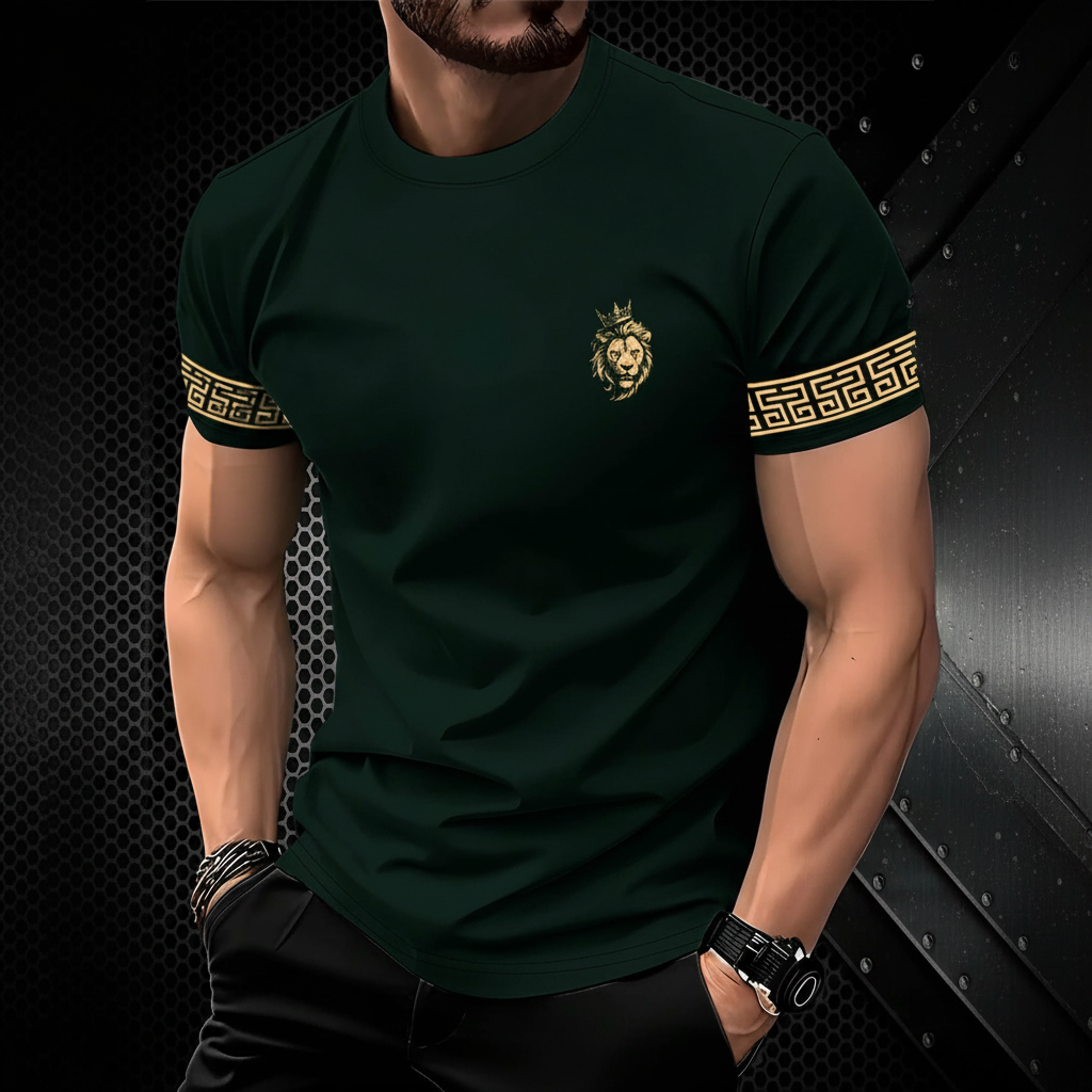 Crown Lion Print Round Short Sleeve T Shirt