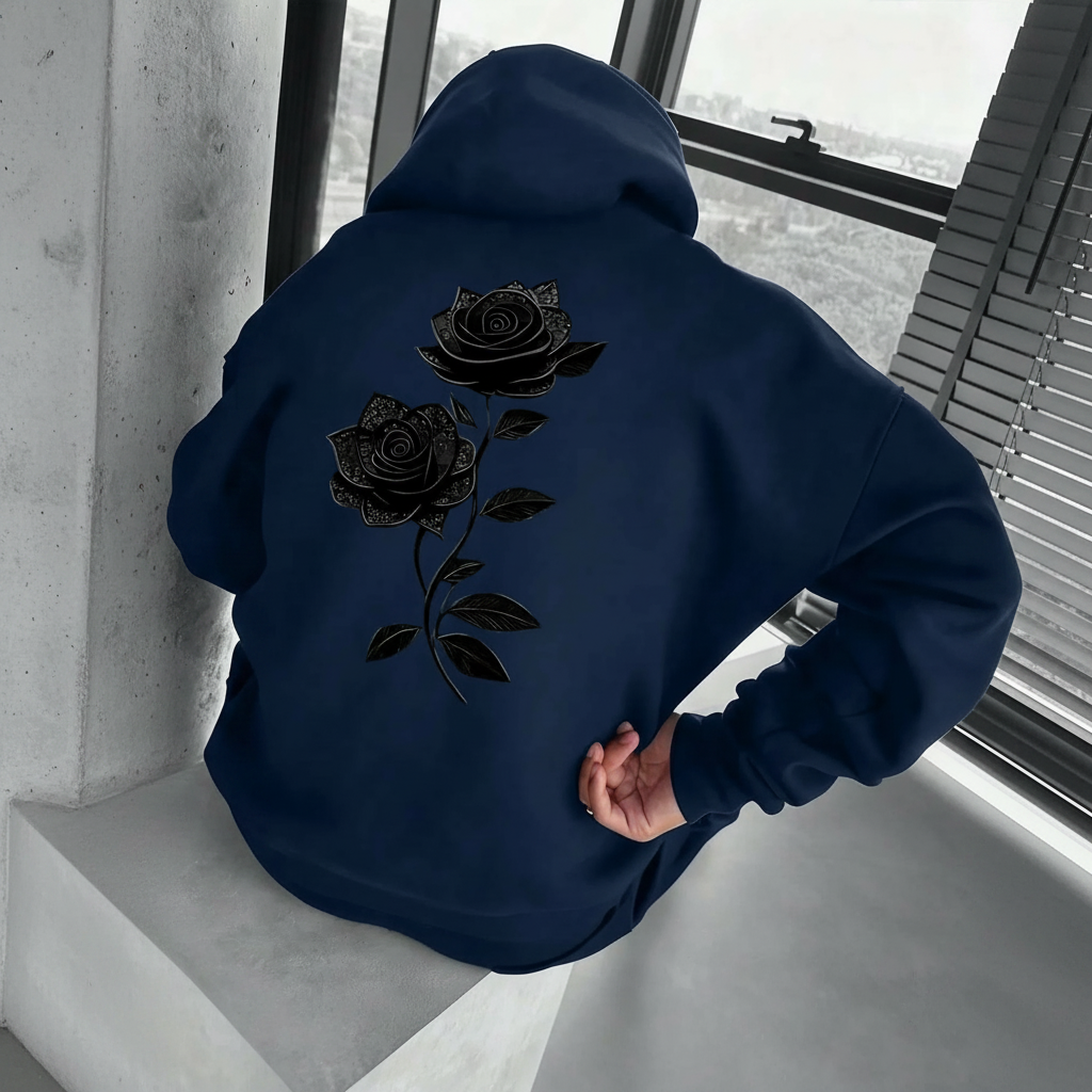 Rose Print Hoodie With Kangaroo Pocket For Men