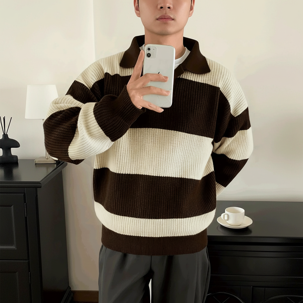 Plus Size American Street Style Striped Pullover Knit Sweater For Men