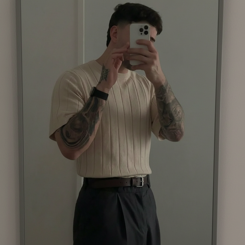 Ribbed Crew Design Short Sleeve Knit Pullover For Men