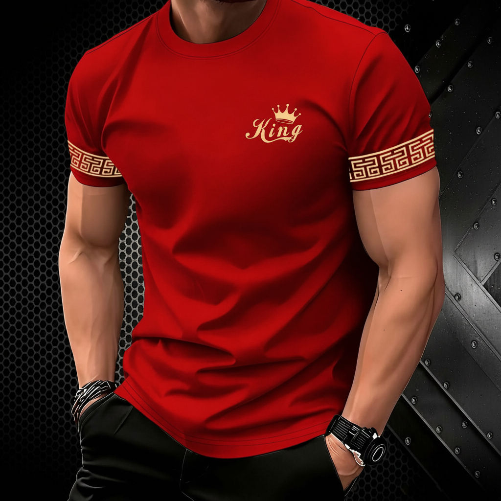 Crown Lion Print Round Short Sleeve T Shirt