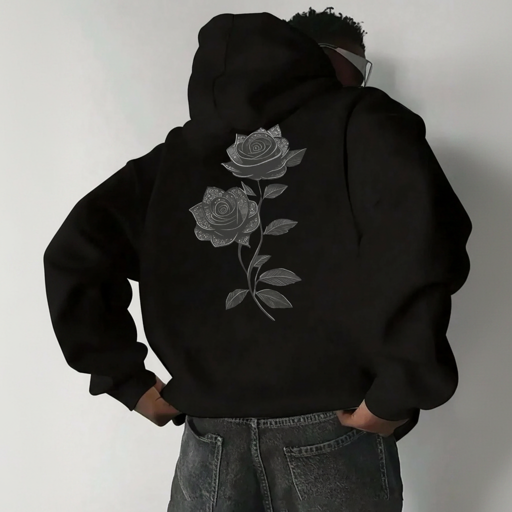 Rose Print Hoodie With Kangaroo Pocket For Men