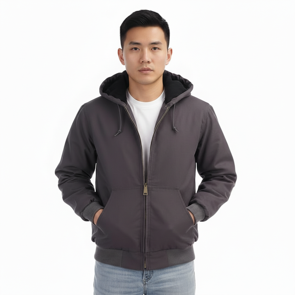 Men Loose Fit Quilted Flannel Lined Workwear Waterproof Active Jacket Hooded Work Coat