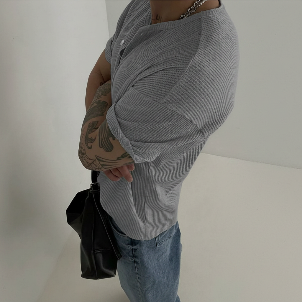 Henry Collar Waffle Knit Short Sleeve T Shirt For Men