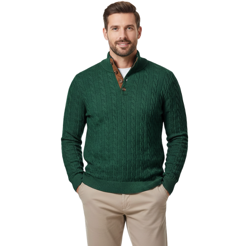 Cable Knit Stand Collar Button Pullover