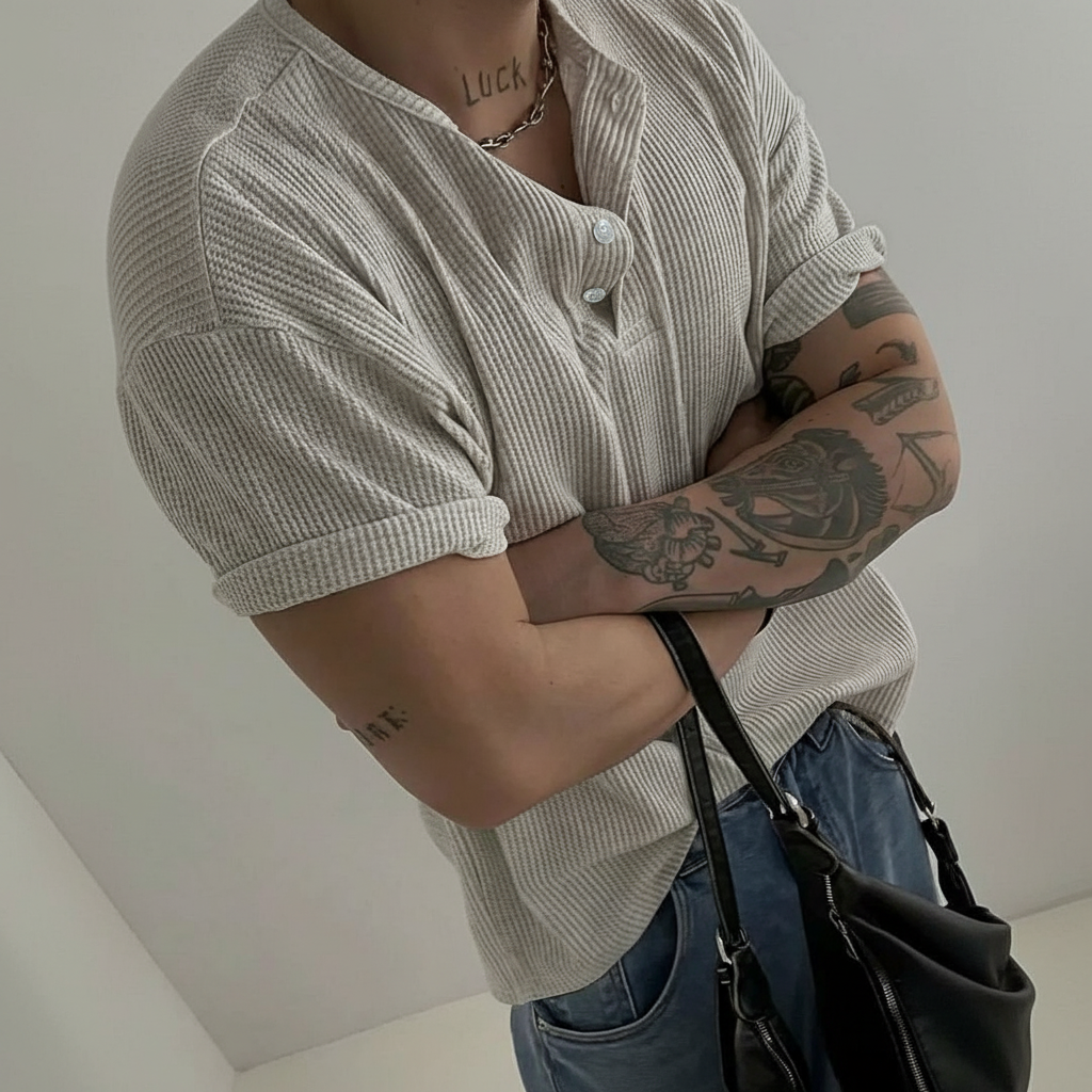 Henry Collar Waffle Knit Short Sleeve T Shirt For Men