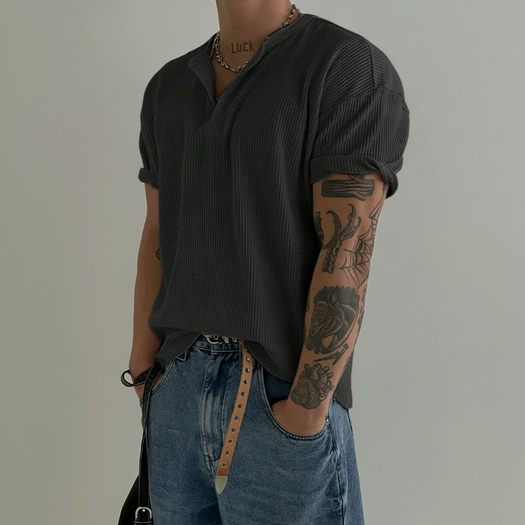 Henry Collar Waffle Knit Short Sleeve T Shirt For Men