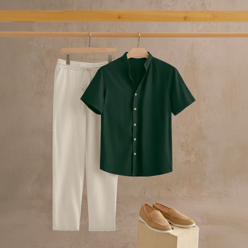 Solid Button Half Placket Short Sleeve Linen Shirt And Pants Set For Men