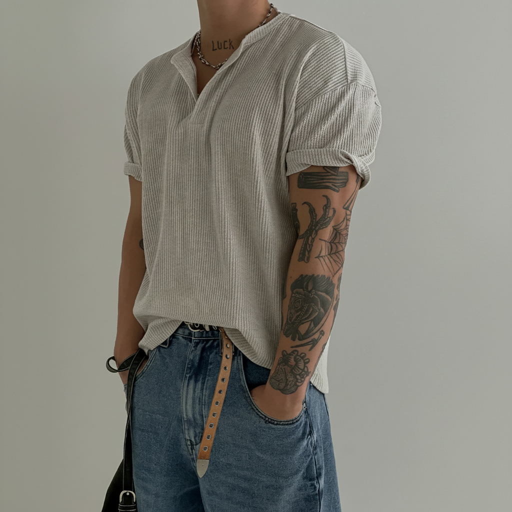 Henry Collar Waffle Knit Short Sleeve T Shirt For Men