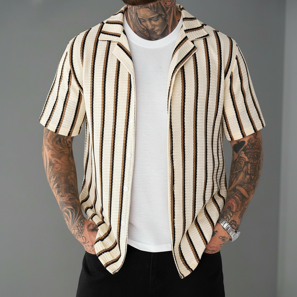 Striped Button Down Short Sleeve Loose Fit Shirt For Men