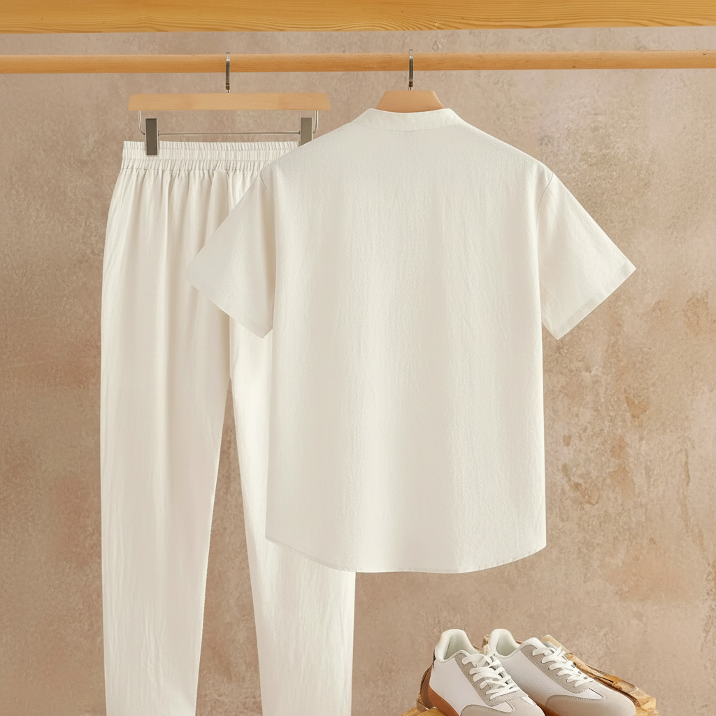 Solid Button Half Placket Short Sleeve Linen Shirt And Pants Set For Men