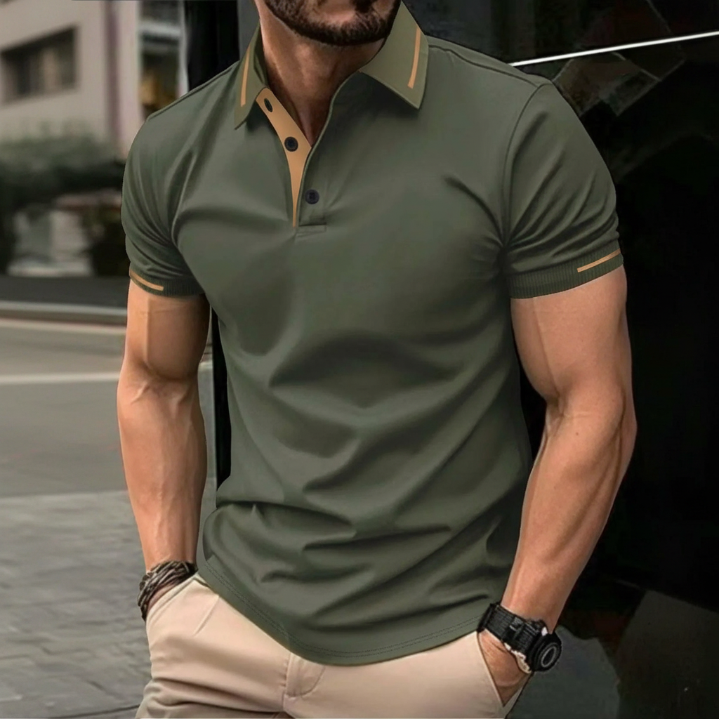 Contrast Color Short Sleeve Polo Shirt With Decorative Details For Men