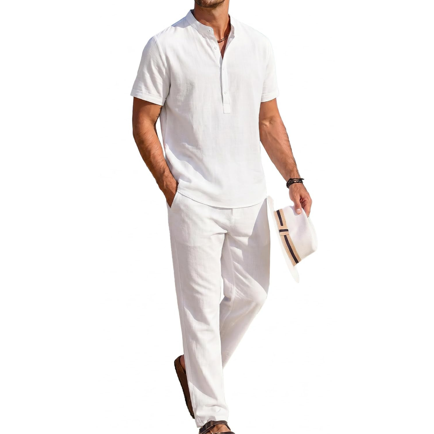 2 Pieces Casual Short Sleeve Henley Shirt And Pant Outfits Set For Men