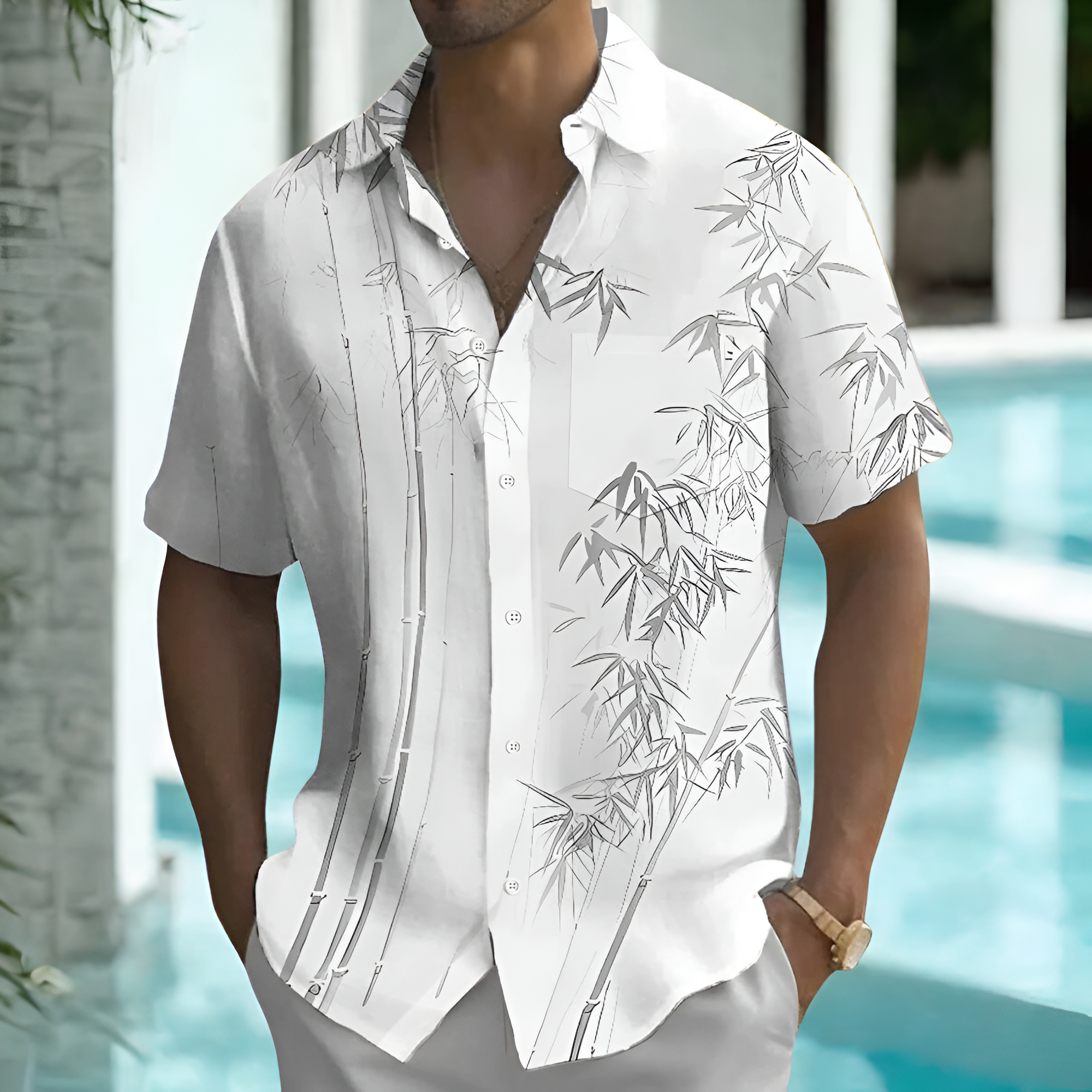 Hawaiian Bamboo Leaf Print Button Down Shirt For Men
