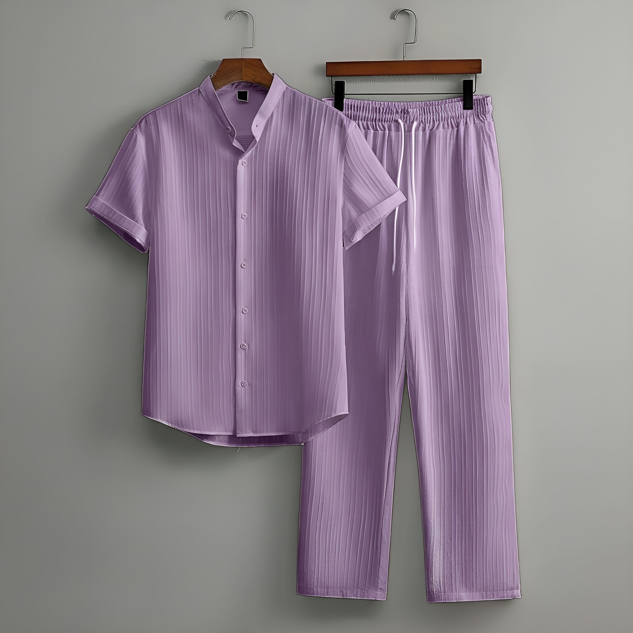Short Sleeve Textured Shirt And Drawstring Pants Two Piece Set For Men