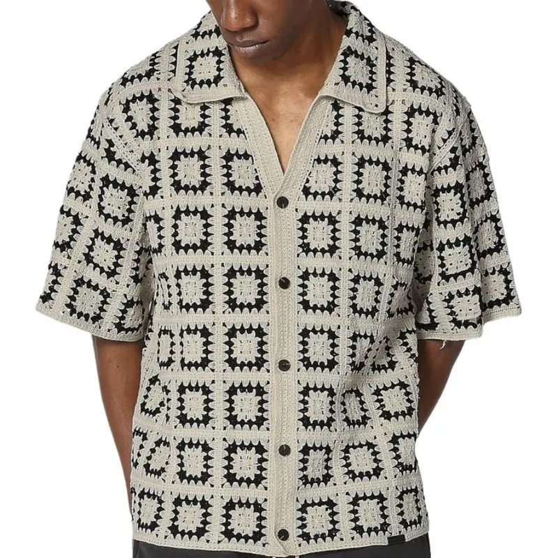  Men's Dark Green Colorblock Knit Short-Sleeve T-Shirt with All Over Print Loose Fit Casual Vacation Wear Tops Button Up