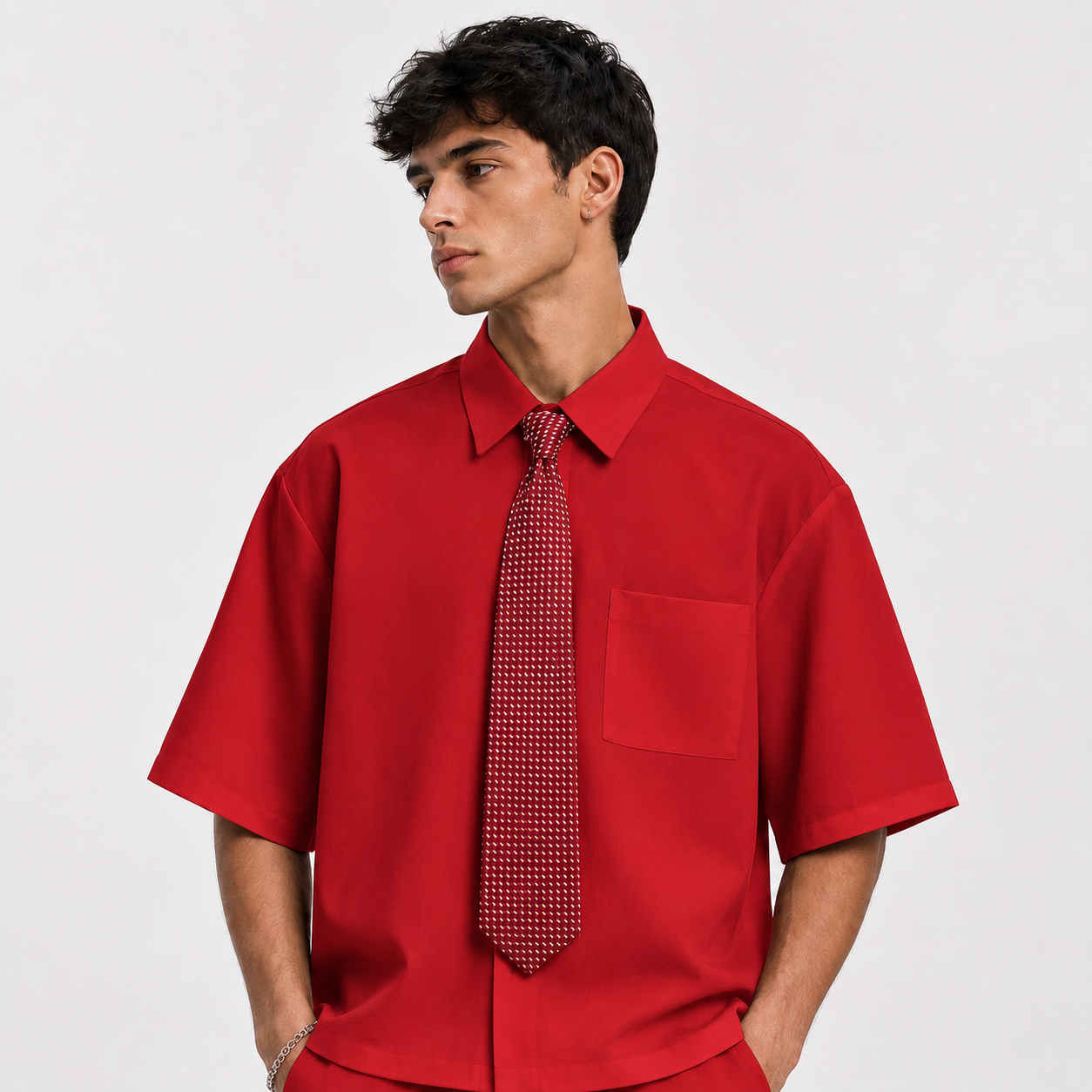 Solid Color Loose Fit Short Sleeve Shirt With Tie For Men