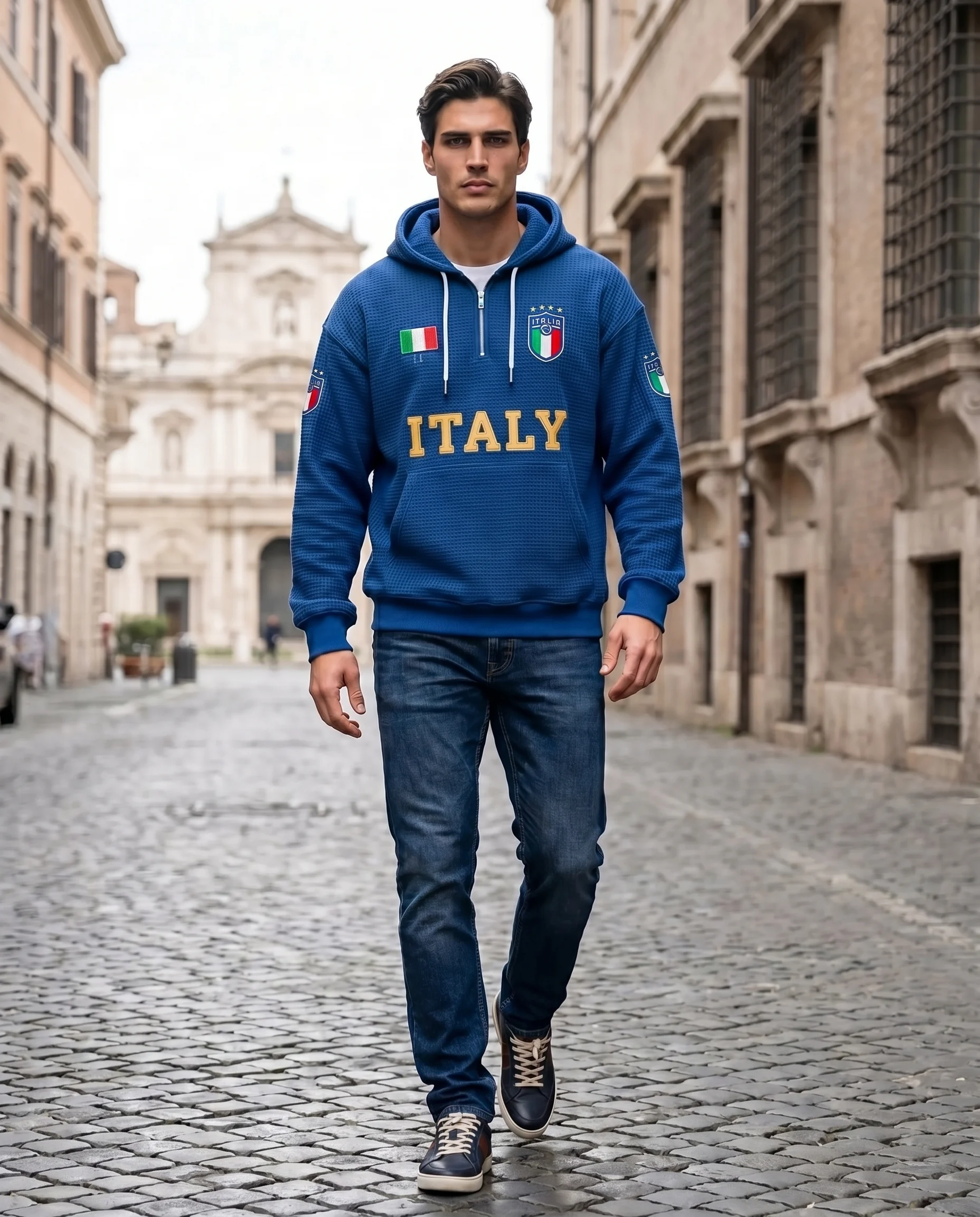 Italy waffle quarter-zip hoodie styled with jeans on a city street