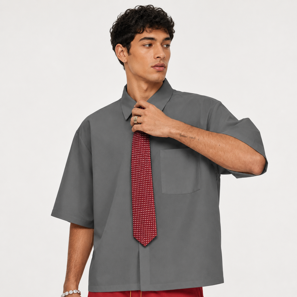 Solid Color Loose Fit Short Sleeve Shirt With Tie For Men