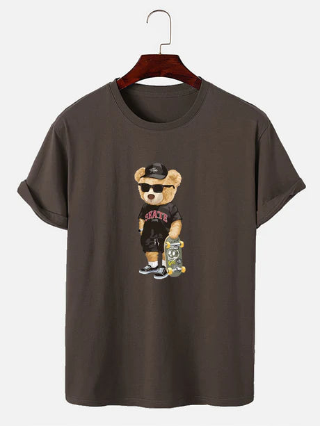 Bear With Skateboard Print T-Shirt-Vacay Outfit