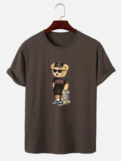 Bear With Skateboard Print T-Shirt-Vacay Outfit