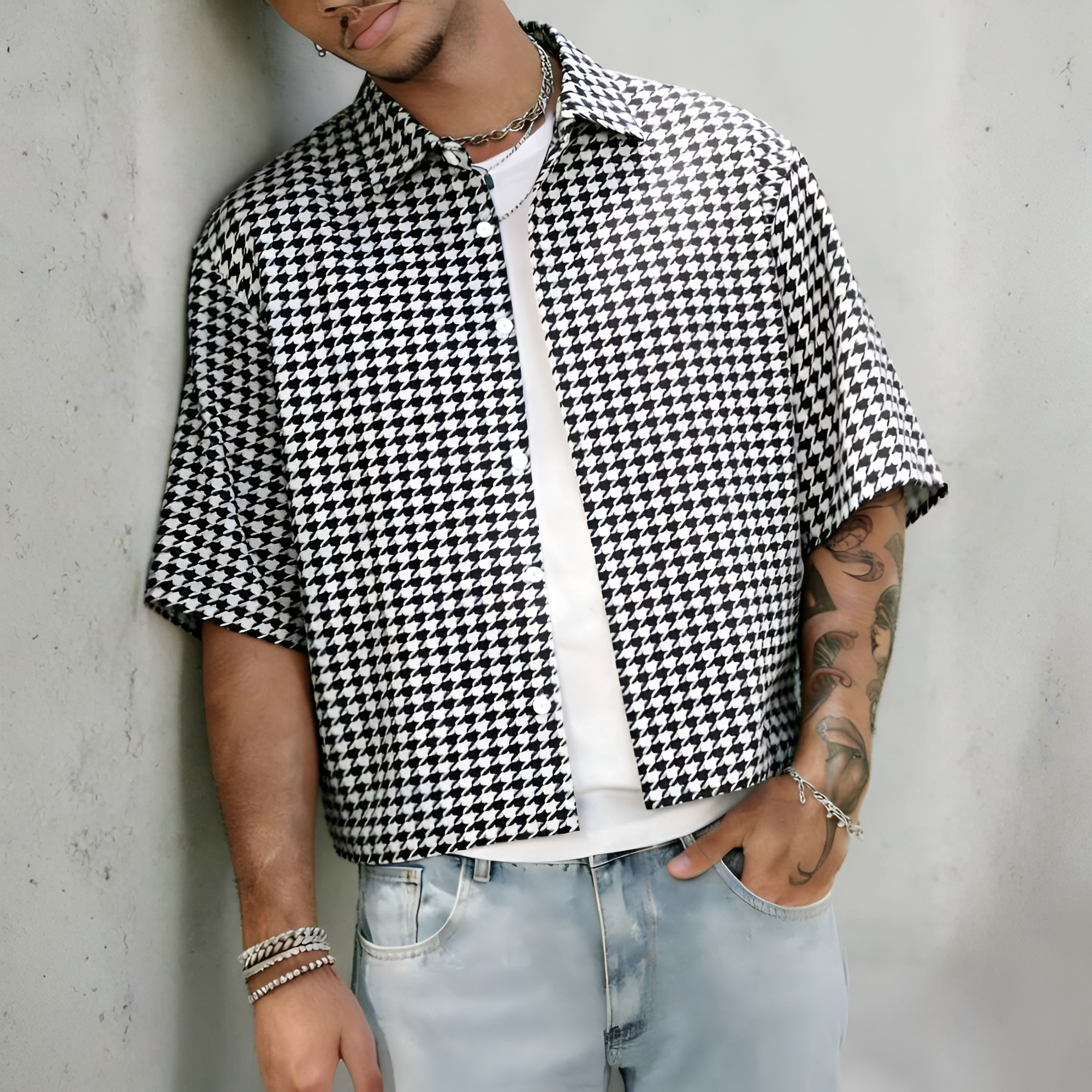 Houndstooth Slim Fit Short Sleeve Casual Street Style Shirt For Men