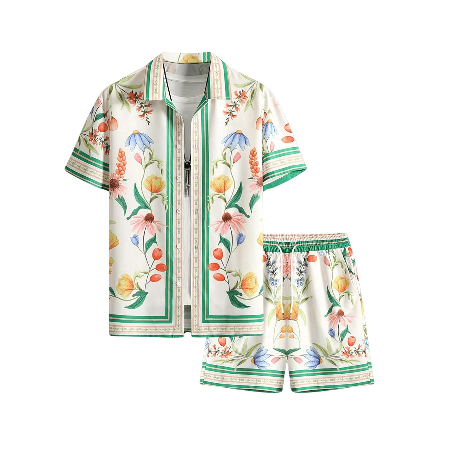 Short Sleeve Button Down Vacation Shirt and Drawstring Beach Short Set For Men