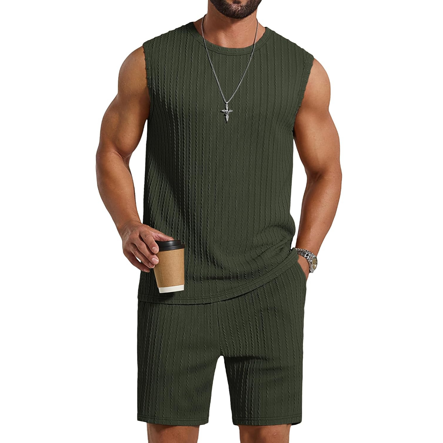 2 Pieces Knit Jacquard Sleeveless Shirt and Short Sets Set For Men