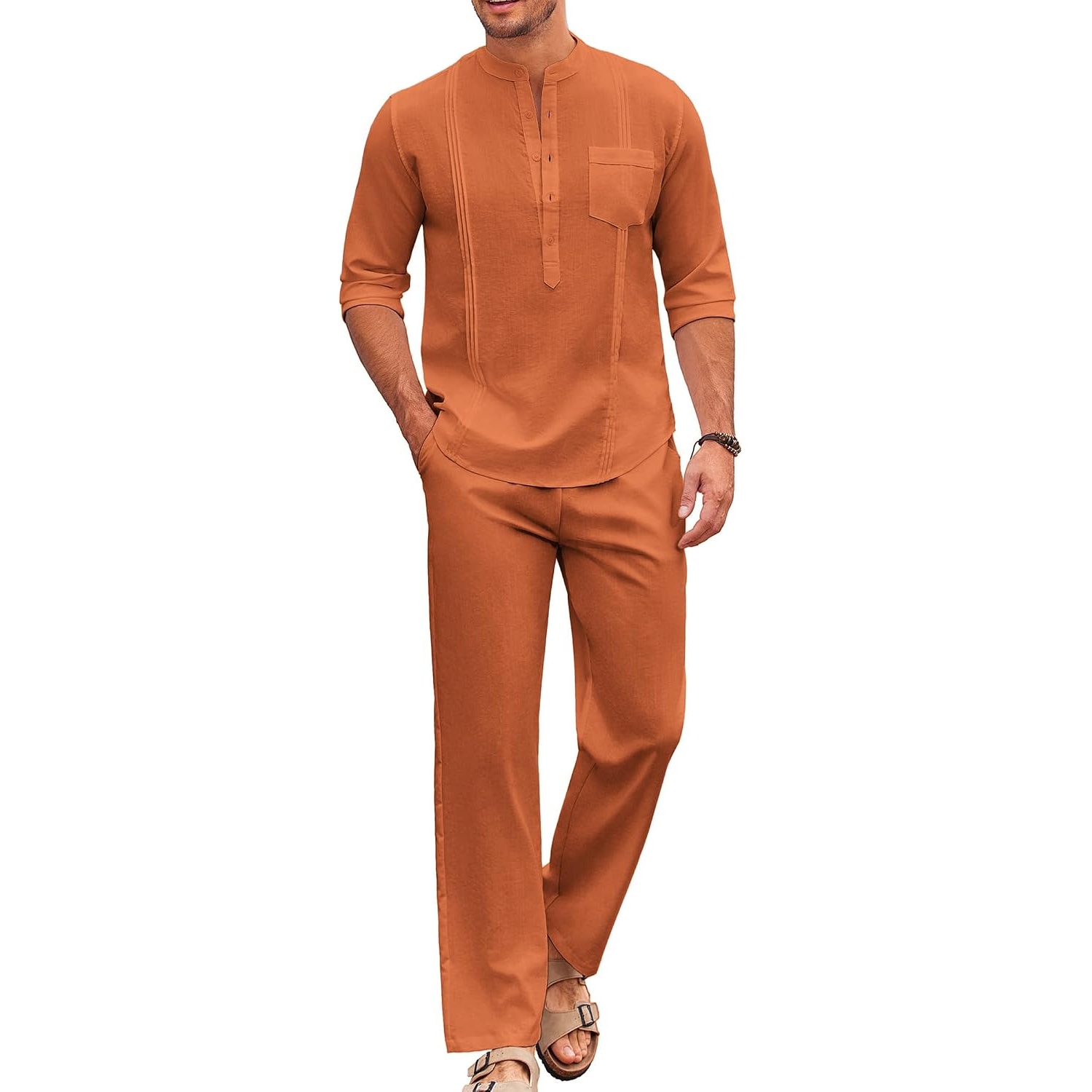 Casual Long Sleeve Loose Beach Shirt And Pant Set For Men