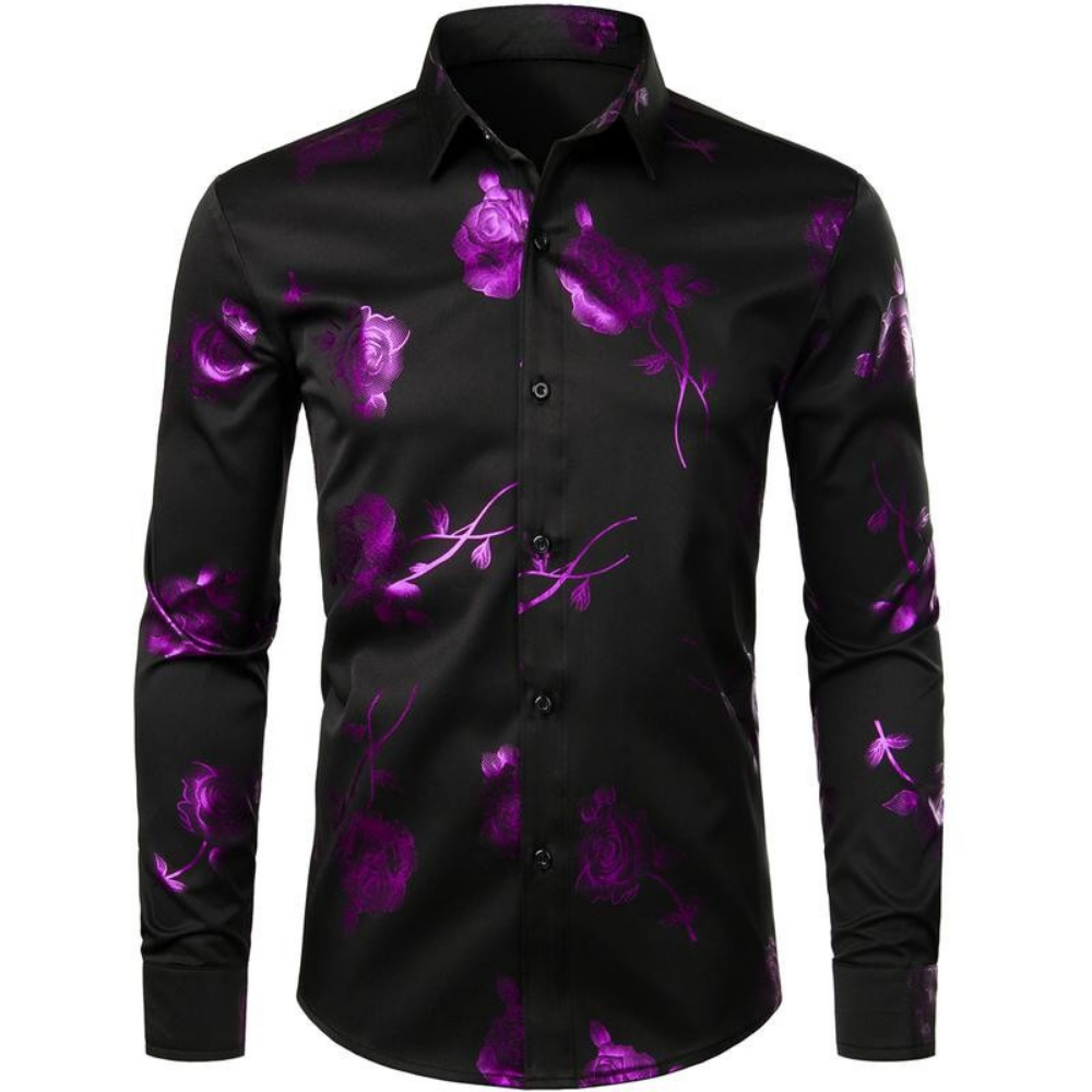 Slim Fit 3D Rose Print Long Sleeve Casual Shirt For Men